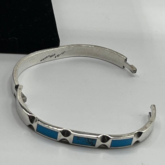 Chunky Vintage Mexico 925 hinged Taxco 925 silver cuff with Turquoise stones - Picture 4 of 5